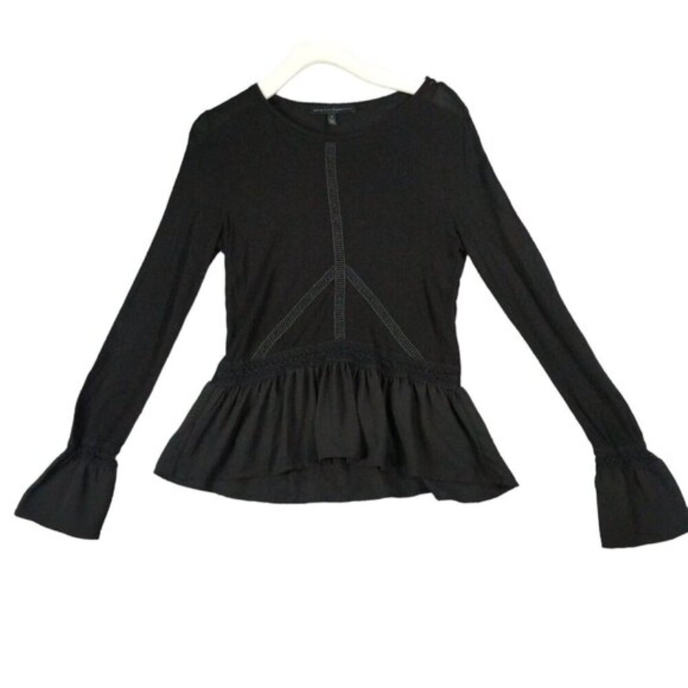 WHBM Sheer Peplum Top Womens SZ S Bell Sleeves Black Lace Goth Grunge Witch EDM